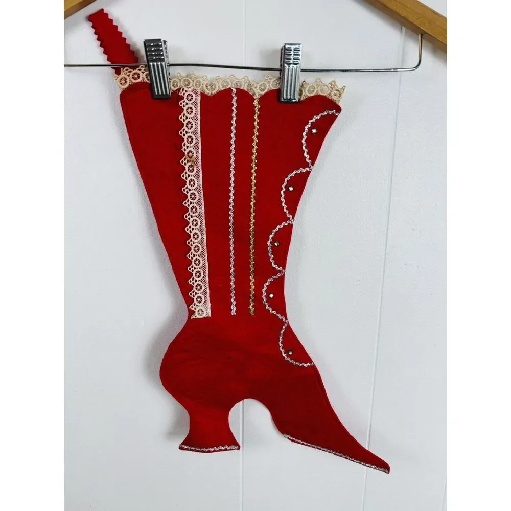 Vintage‎ Wool Felt Victorian Boot Christmas Stocking Red Lace Sewn Bejeweled
